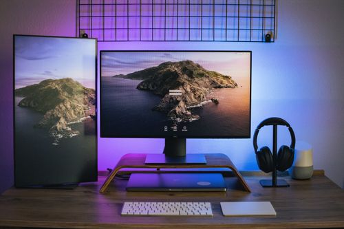 RGB Office Desk Setup With Portrait and Landscape Monitors