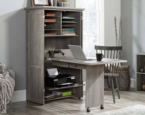 Open wardrobe with pull-out desk
